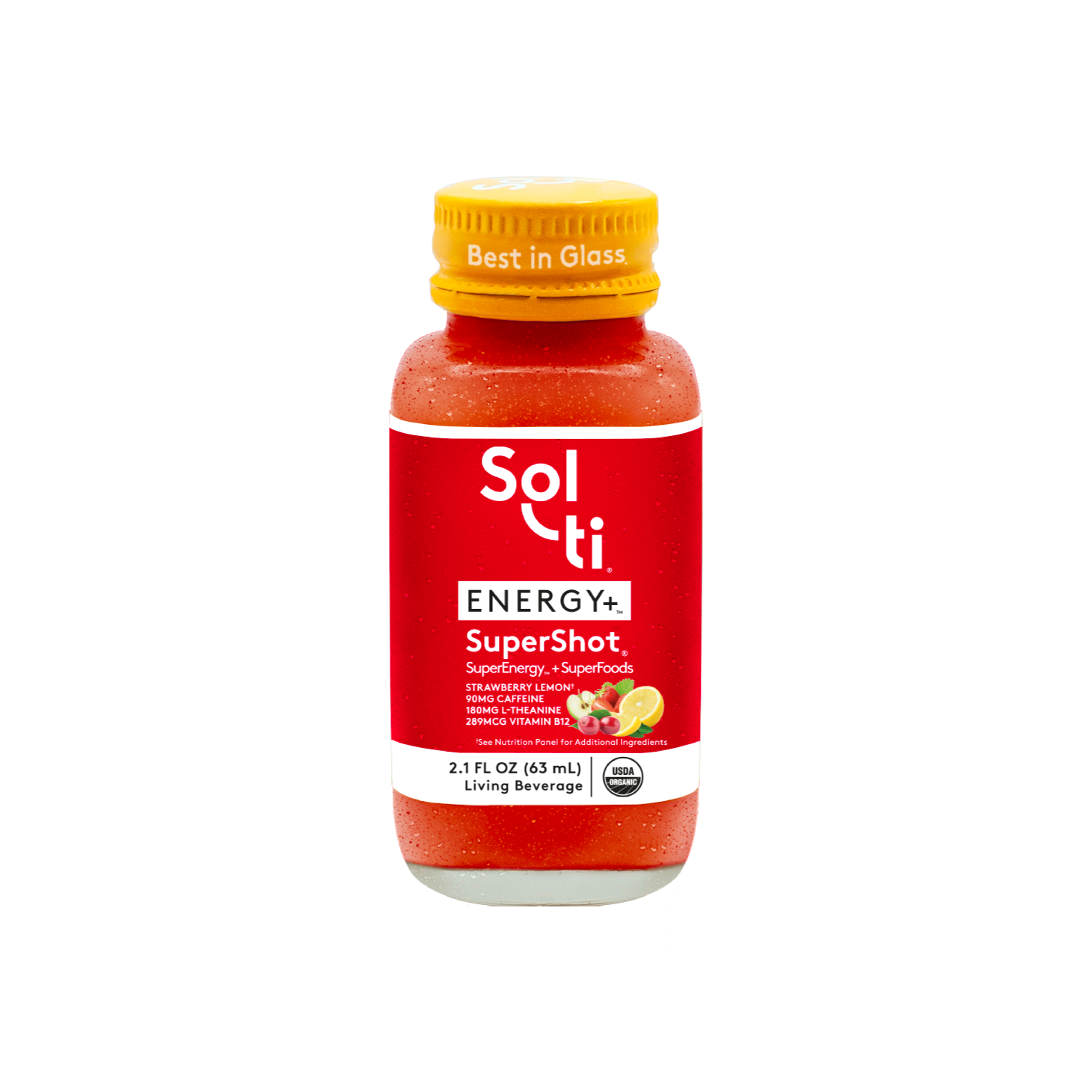 Sol-ti ENERGY+ SuperShot bottle front label on transparent black background with lemon slices