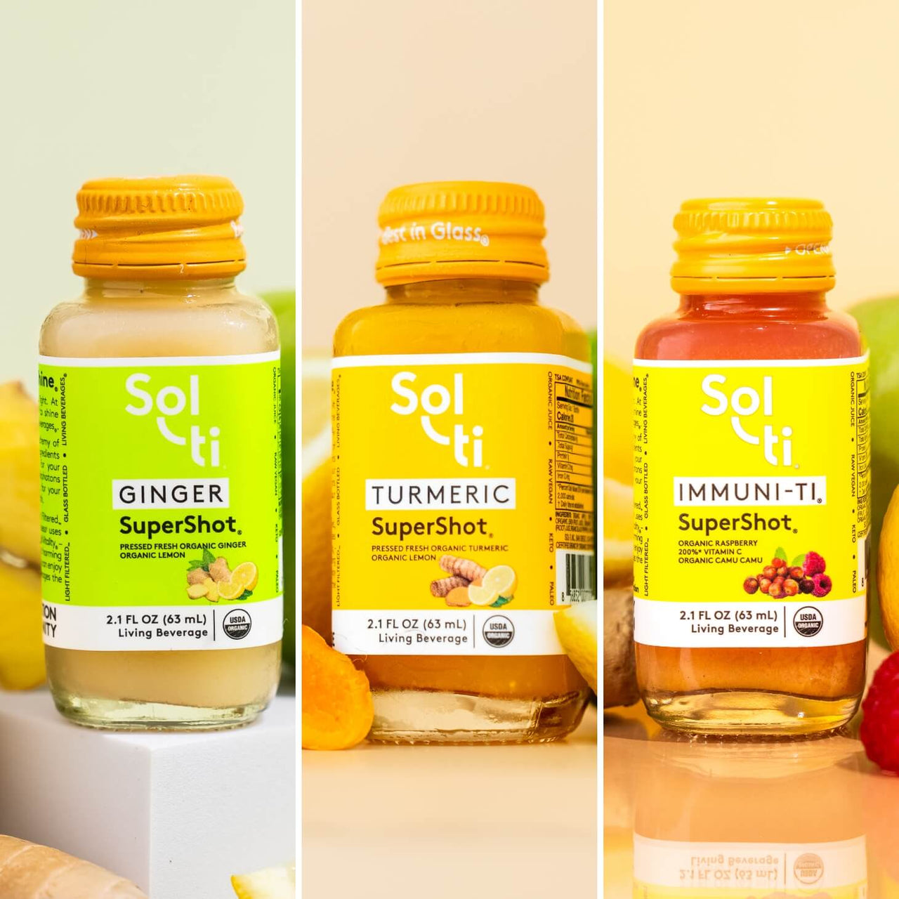  bundle of GINGER, TURMERIC, and IMMUNI-TI SuperShot with turmeric root, ginger root, raspberry, green apples and lemon slices