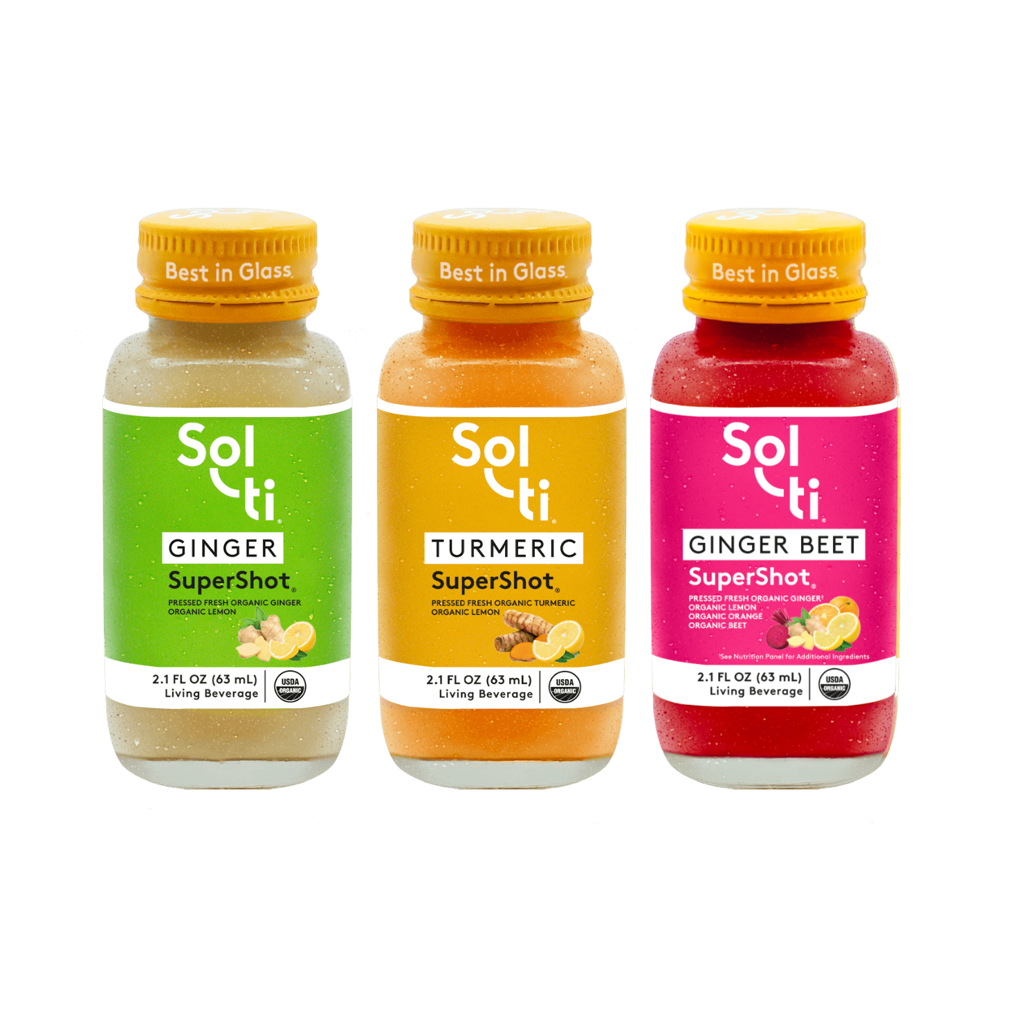 Three Sol-ti SuperShot glass bottles: GINGER, TURMERIC, and GINGER BEET
