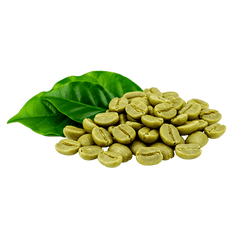 Green coffee beans with a leaf on a light background
