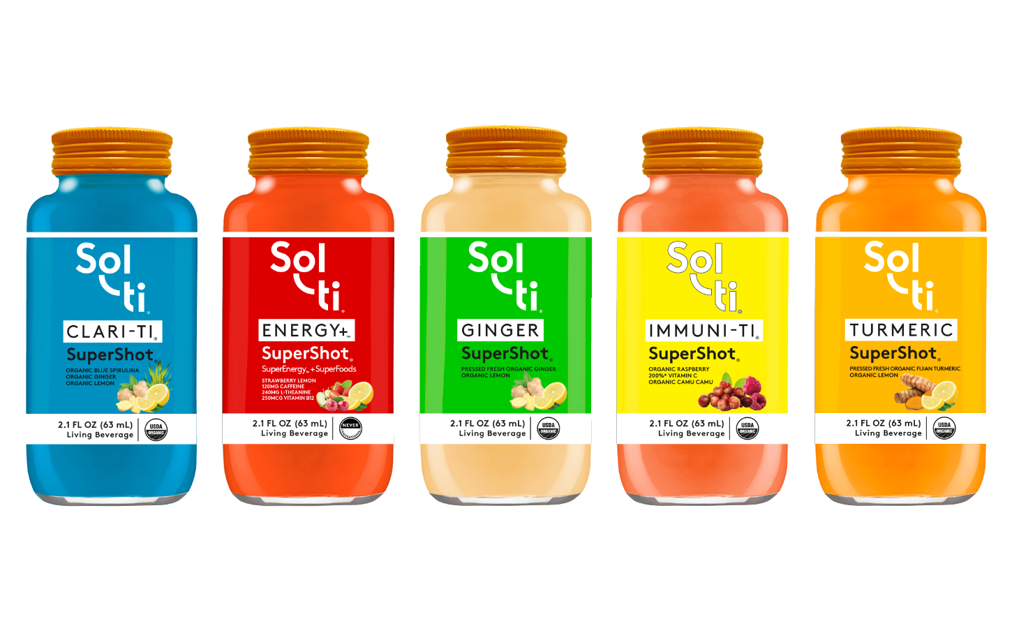 Five Bottles of flavors of SuperShot on a white background