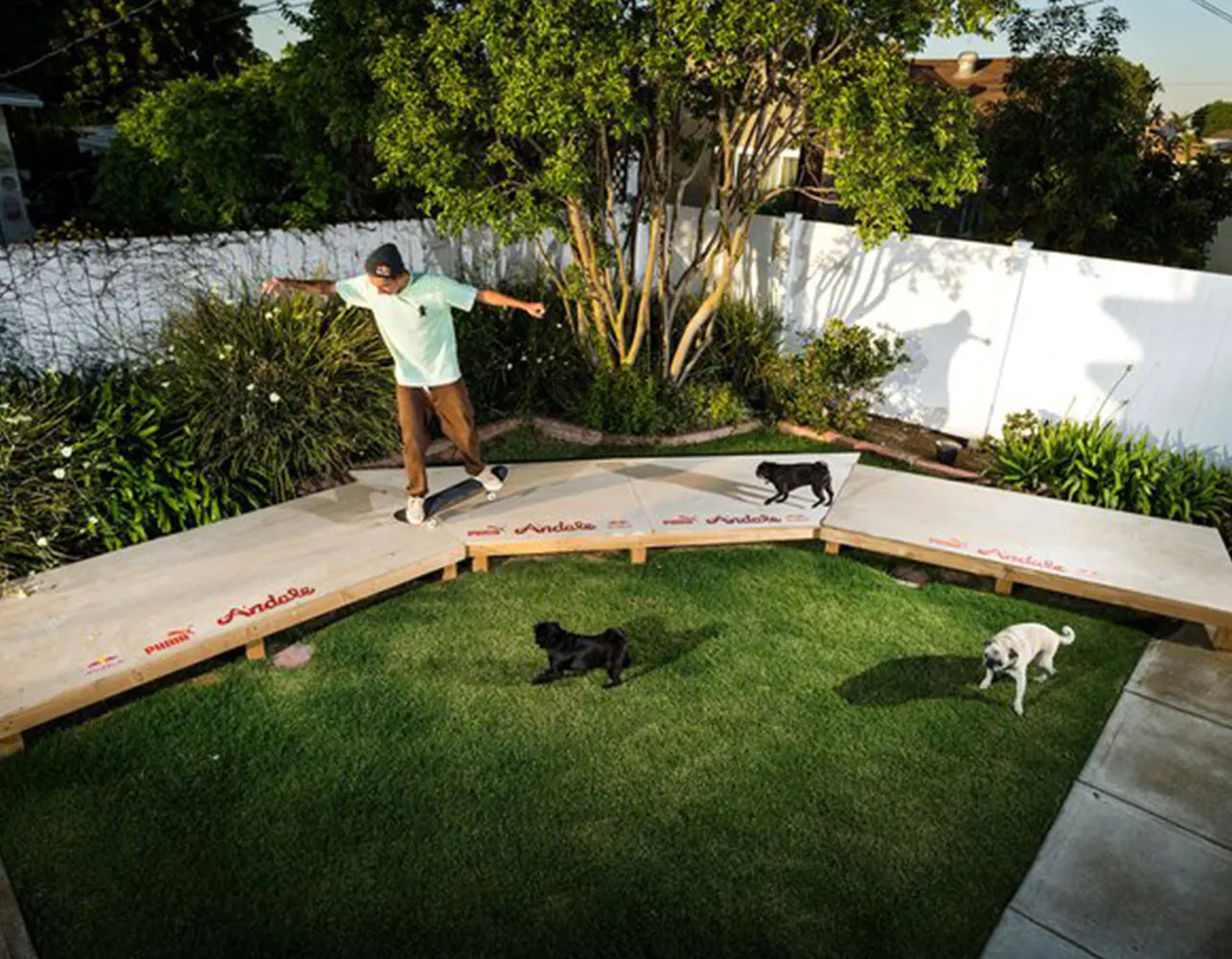 A backyard agility course with Joey Brezinski balancing a skateboard