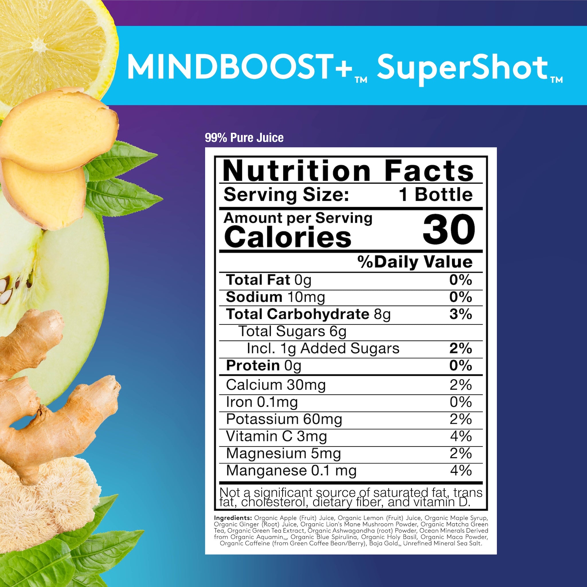 Blue background with MINDBOOST+ SuperShot Nutrition Facts panel, details on product page