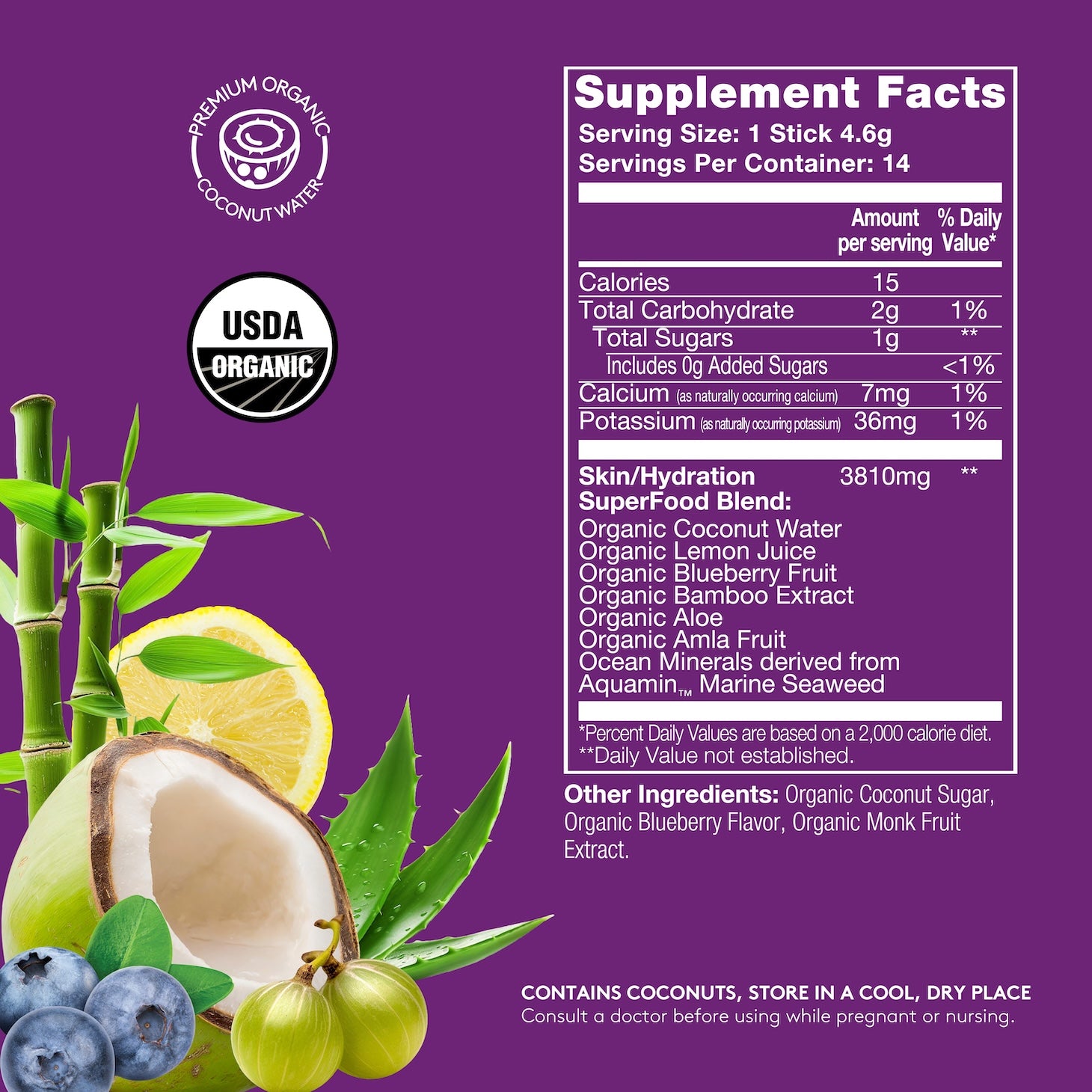 Purple background with Sol-ti SuperStix Blueberry Lemon Nutrition Facts panel, details on product page