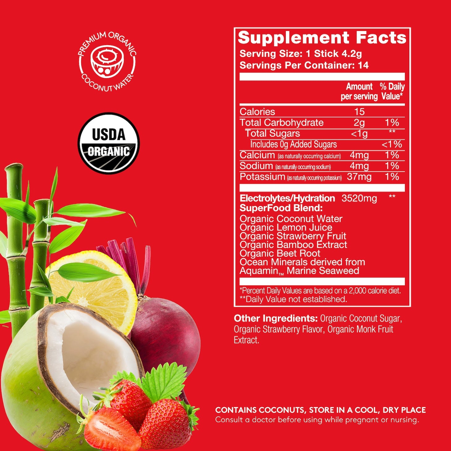 A supplement facts panel on a red background with a USDA Organic seal, premium organic coconut water branding, and illustrations of coconuts, strawberries, pineapple, and bamboo. The panel lists serving size 1 stick 1.