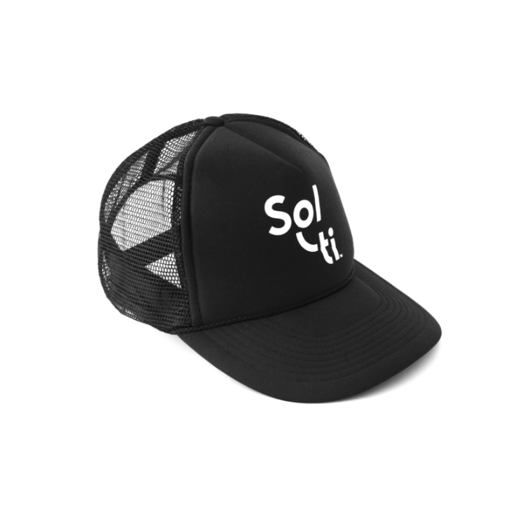 black trucker hat with Sol-ti white logo