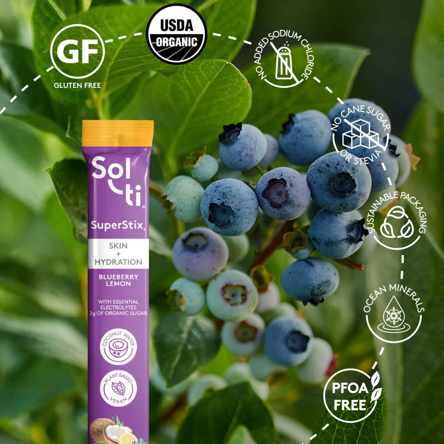 A Sol-ti Blueberry Lemon SuperStix  next to blueberries
