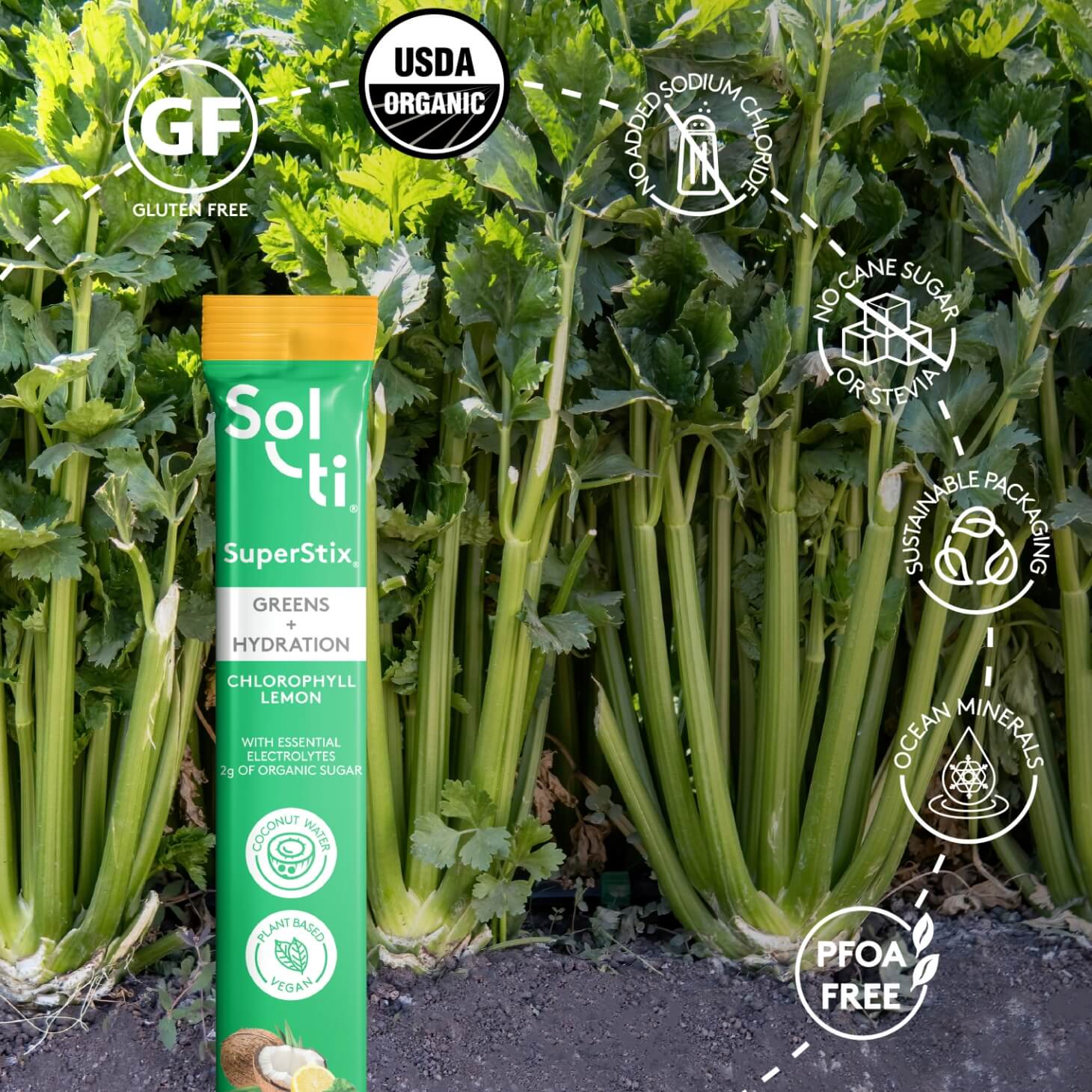A Sol-ti Chlorophyll Lemon SuperStix  next to celery