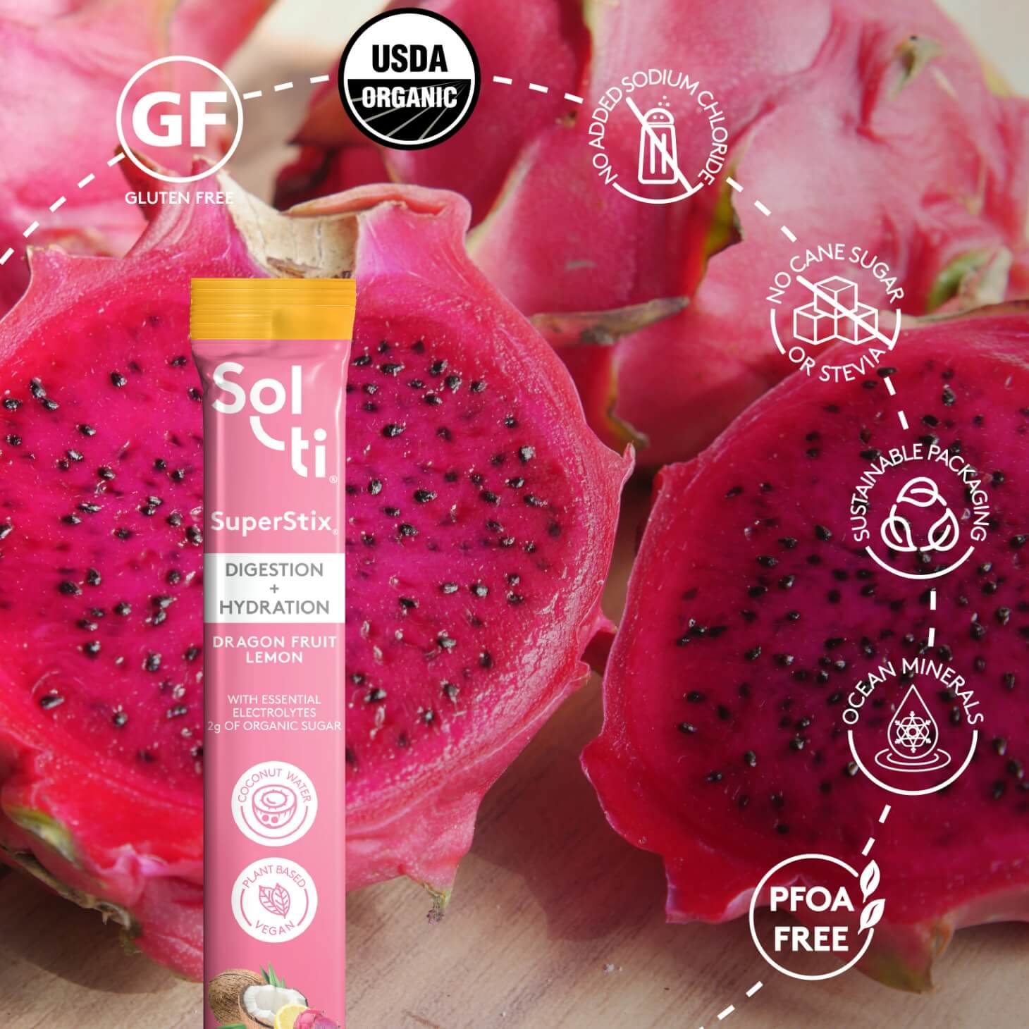 A Sol-ti Dragon Fruit Lemon SuperStix next to a dragon fruit