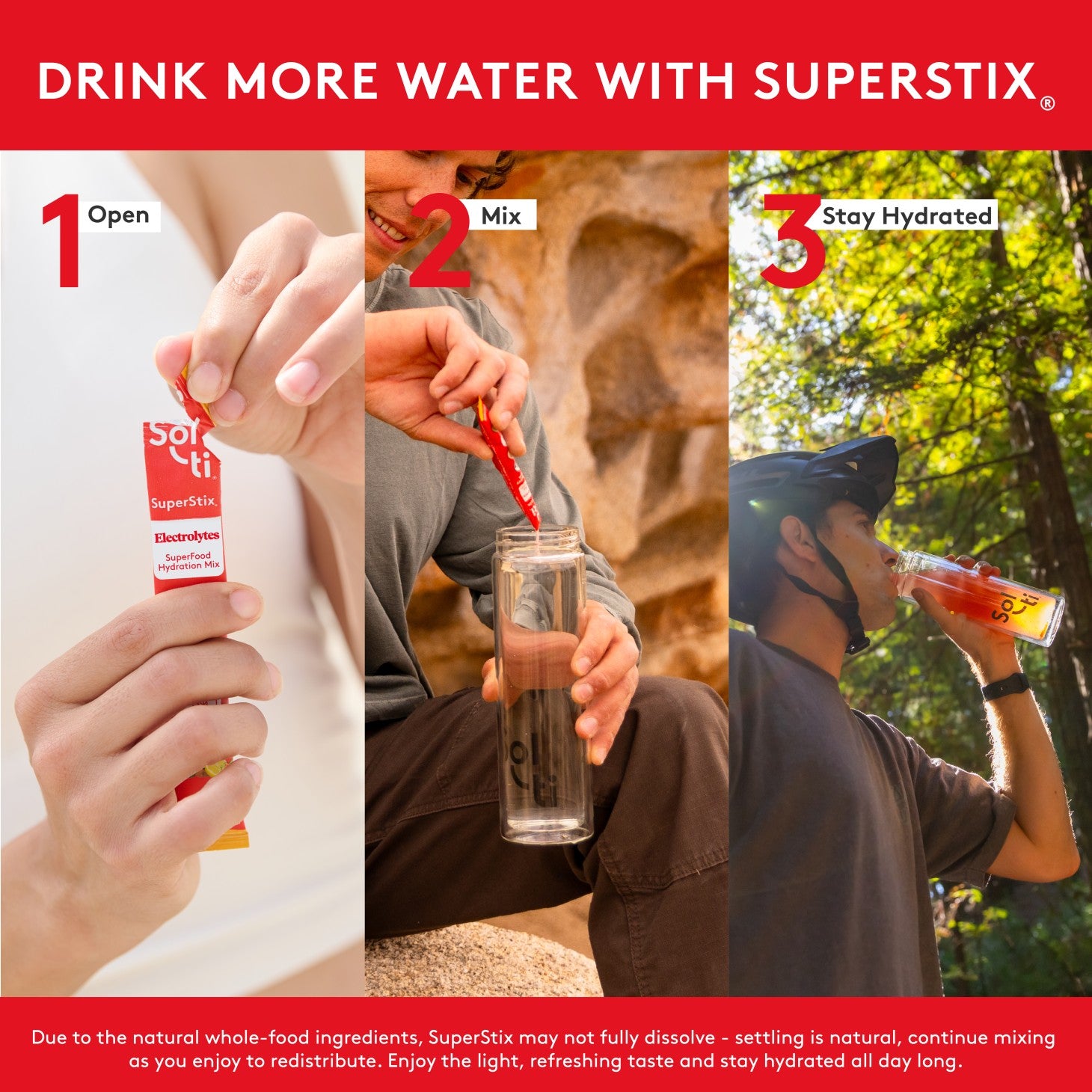 SuperStix Strawberry stick, three steps on red background: open, mix in bottle, and stay hydrated 