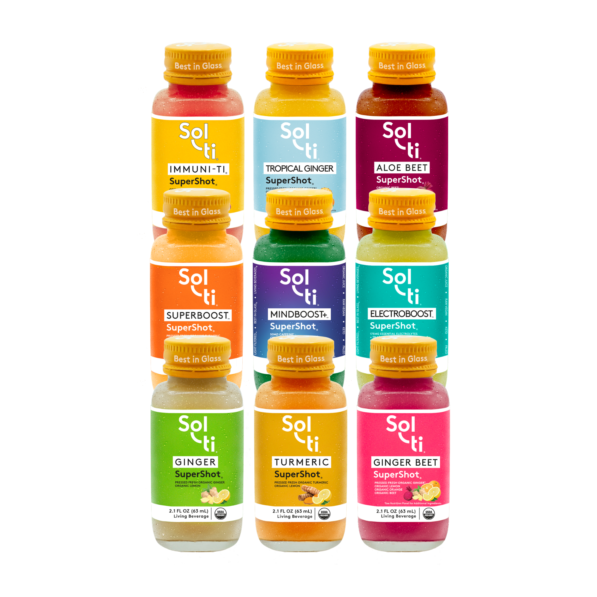 Sol-ti Variety Pack SuperShot drink bottles, including Ginger, Turmeric, Ginger Beet, Immuni-ti, Tropical Ginger, Aloe Beet, SuperBoost, Mindboost, ElectroBoost