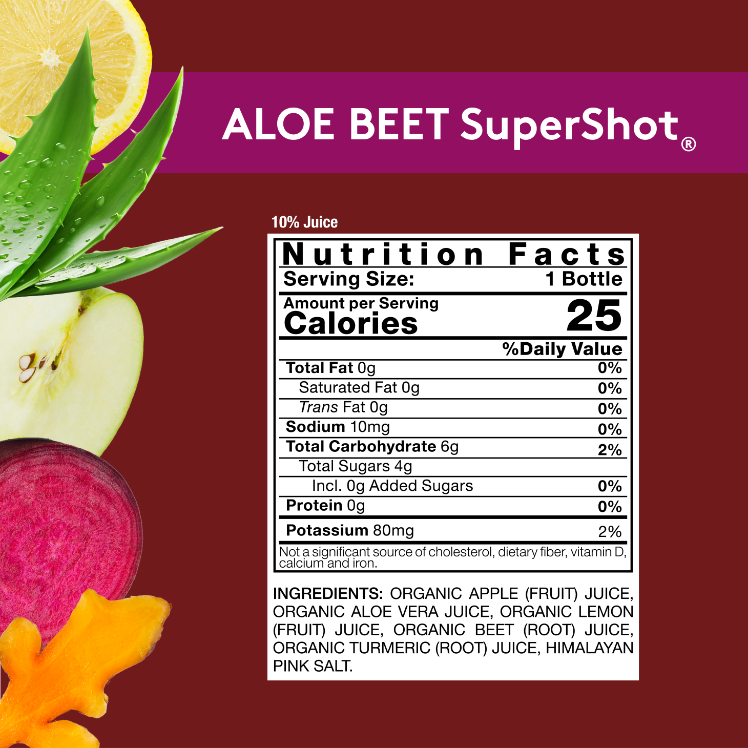 Reddish-magenta background with Nutrition Facts image for Sol-ti ALOE BEET SuperShot, with details provided in the nutrition tab in the Product page 