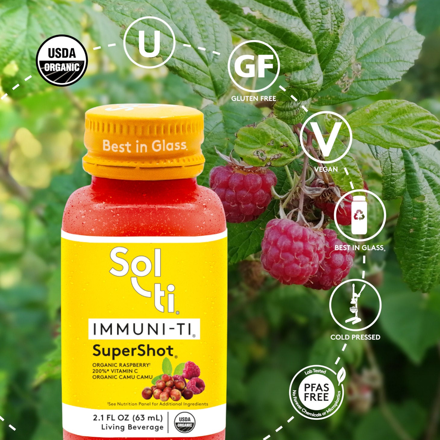 IMMUNI-TI SuperShot bottle with front label on raspberries and green leaves background, showing camu camu and raspberries, with logo benefits: USDA Organic, kosher, Gluten Free, Vegan, Best in Glass, Cold pressed and Lab tested No forever Chemicals or microplastics
