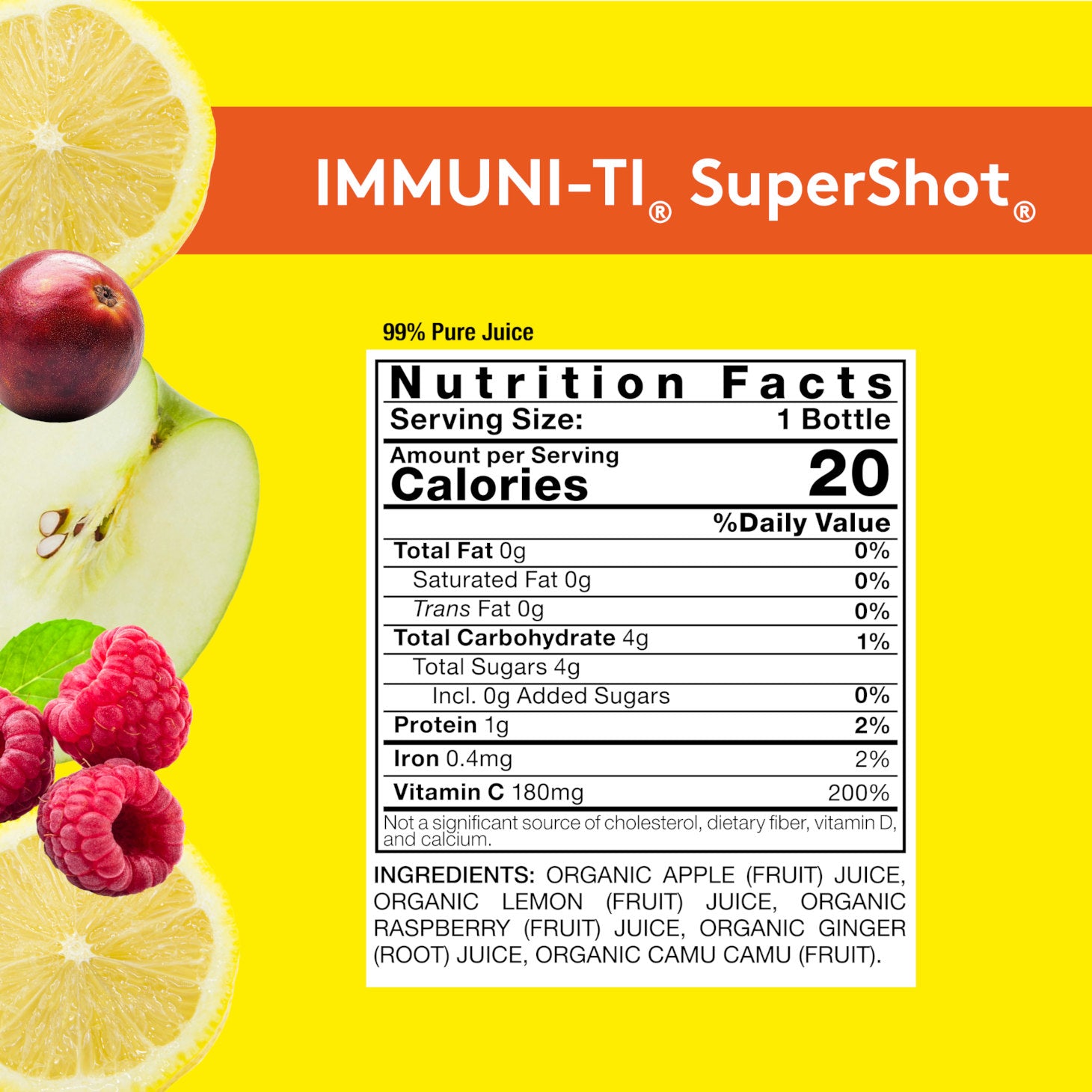 Yellow background with Nutrition Facts image for Sol-ti IMMUNI-TI SuperShot, with details provided below in the Product page