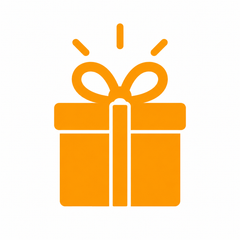 A flat orange gift box icon with a bow and ribbon on a plain white background.