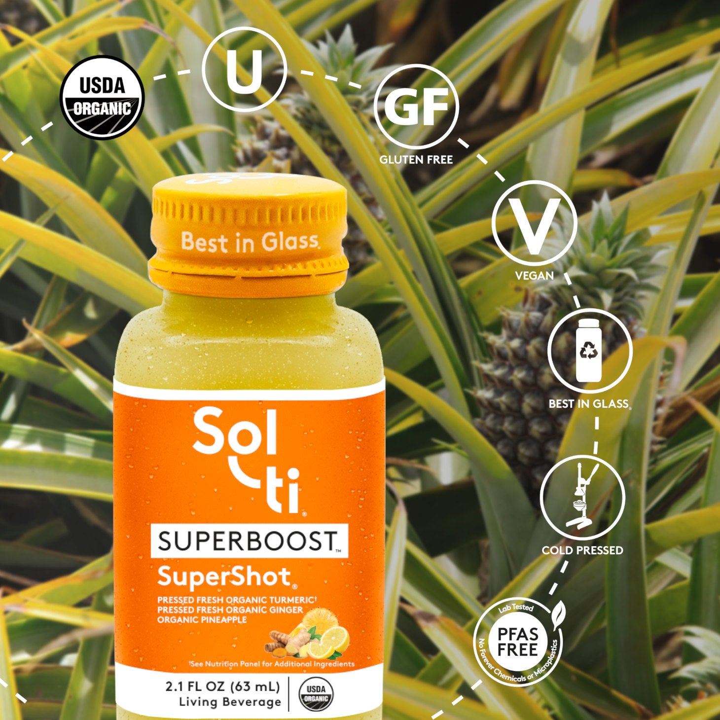 SUPERBOOST SuperShot bottle with front label on pineapple leaves background, showing turmeric and ginger root, with logo benefits: USDA Organic, kosher, Gluten Free, Vegan, Best in Glass, Cold pressed and Lab tested No forever Chemicals or microplastics